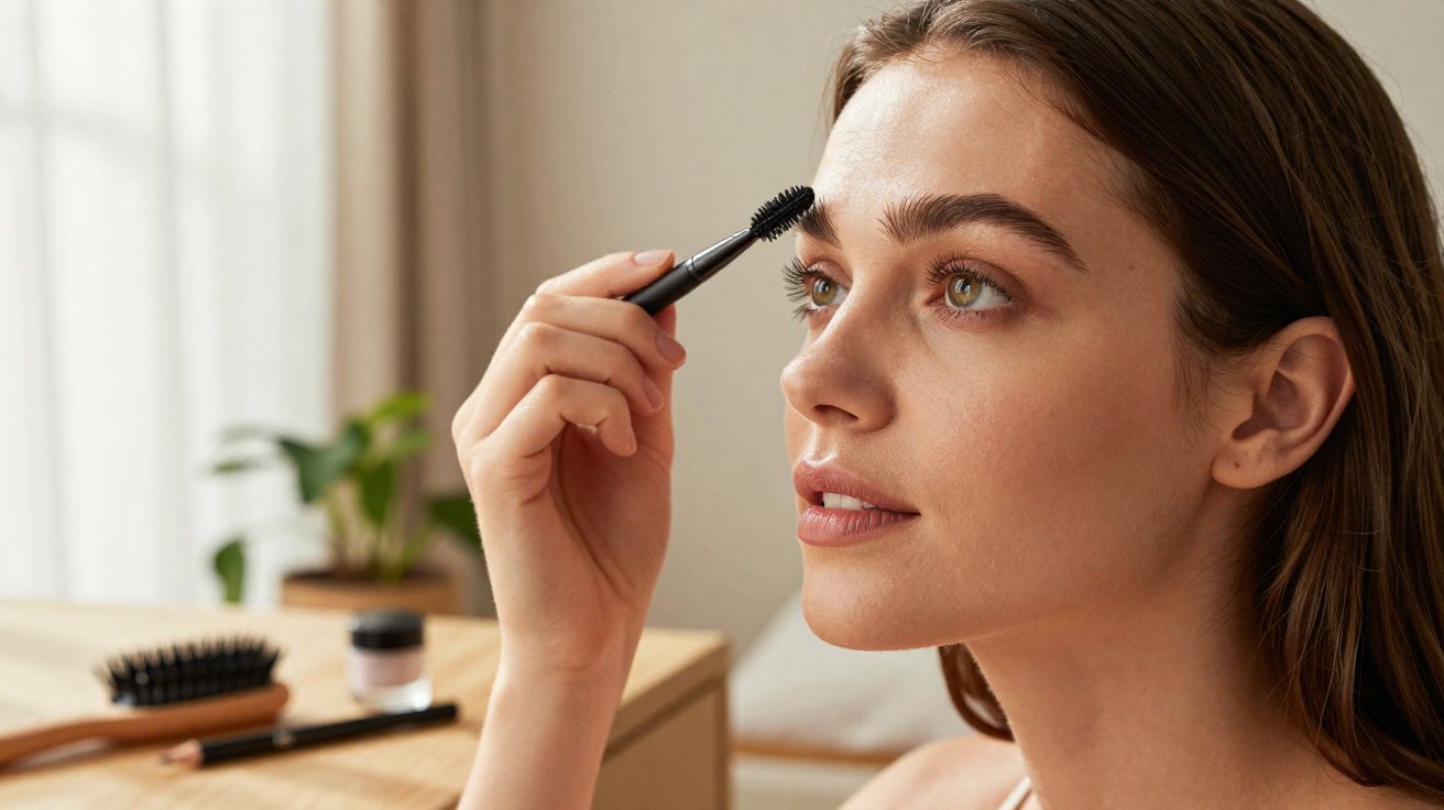 Mulher aplicando maquiagem nas sobrancelhas em ambiente interno com planta ao fundo.