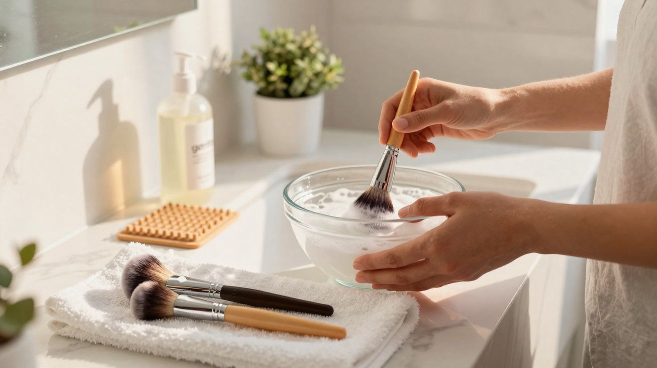Mãos limpando pincel de maquiagem em tigela com espuma, ao lado de toalha branca e outros pincéis.
