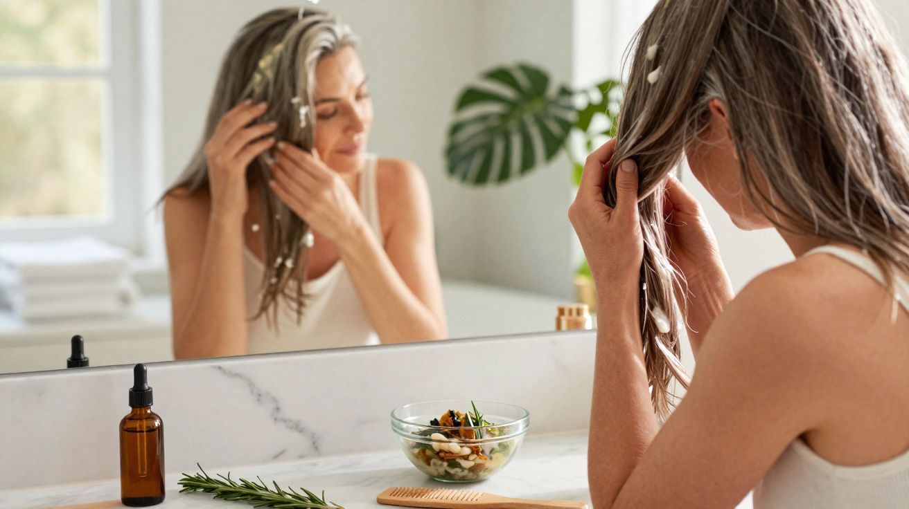 Mulher aplica óleo capilar natural no cabelo em frente ao espelho em ambiente iluminado com planta ao fundo.