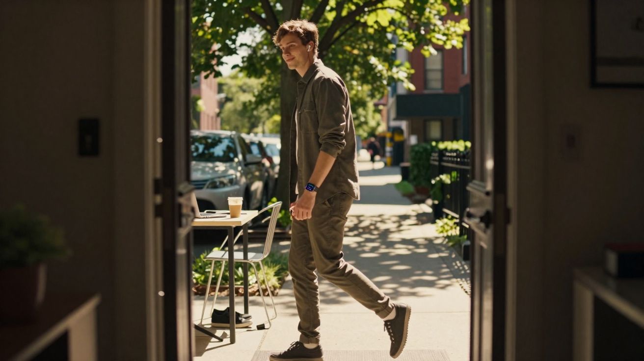 Homem sorridente caminhando na calçada ensolarada próxima a mesa de café com copo descartável.