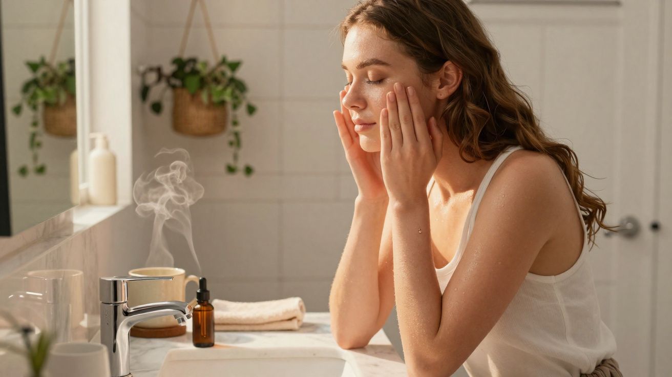 Mulher em camiseta branca aplicando cuidados com o rosto em banheiro iluminado naturalmente.