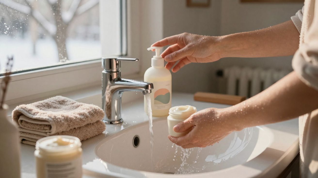 Pessoa usando sabonete líquido ao lado da pia com toalhas dobradas e cremes em um ambiente iluminado.