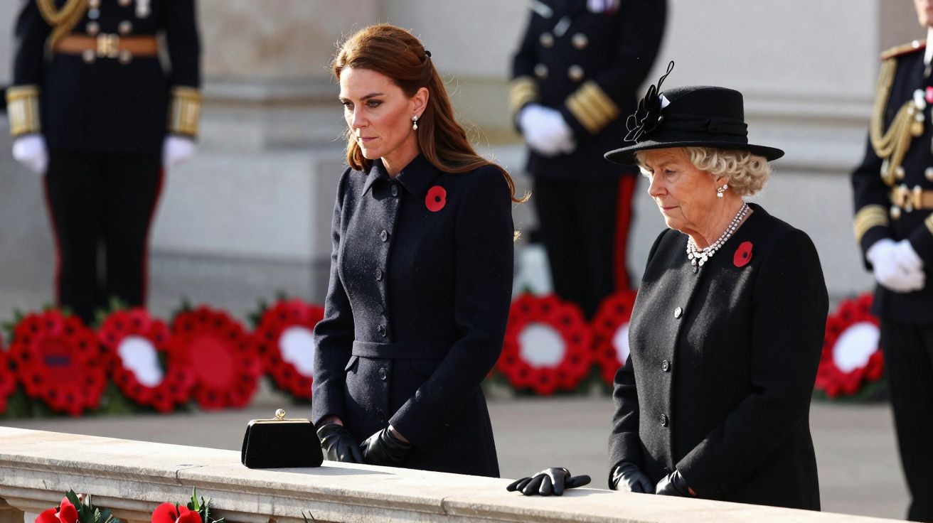 Duas mulheres vestidas de preto e usando luvas, em cerimônia solene com coroas de papoulas ao fundo.
