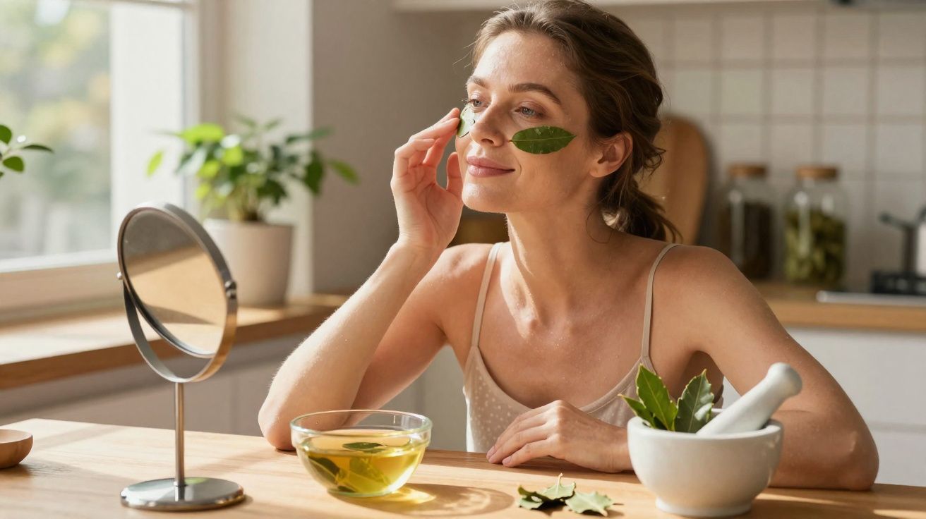 Mulher aplicando folhas verdes no rosto, sentada à mesa com espelho, chá e almofariz na cozinha iluminada.