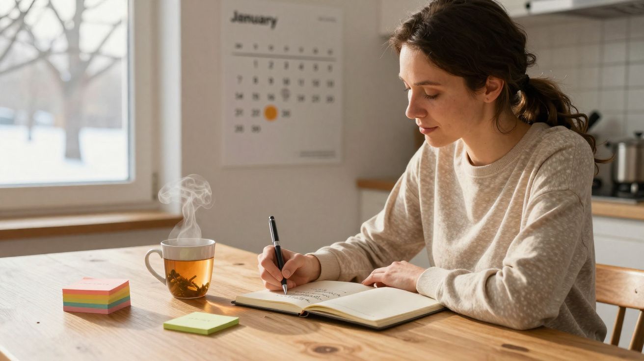 Mulher escrevendo em caderno na cozinha com xícara de chá quente sobre mesa de madeira.