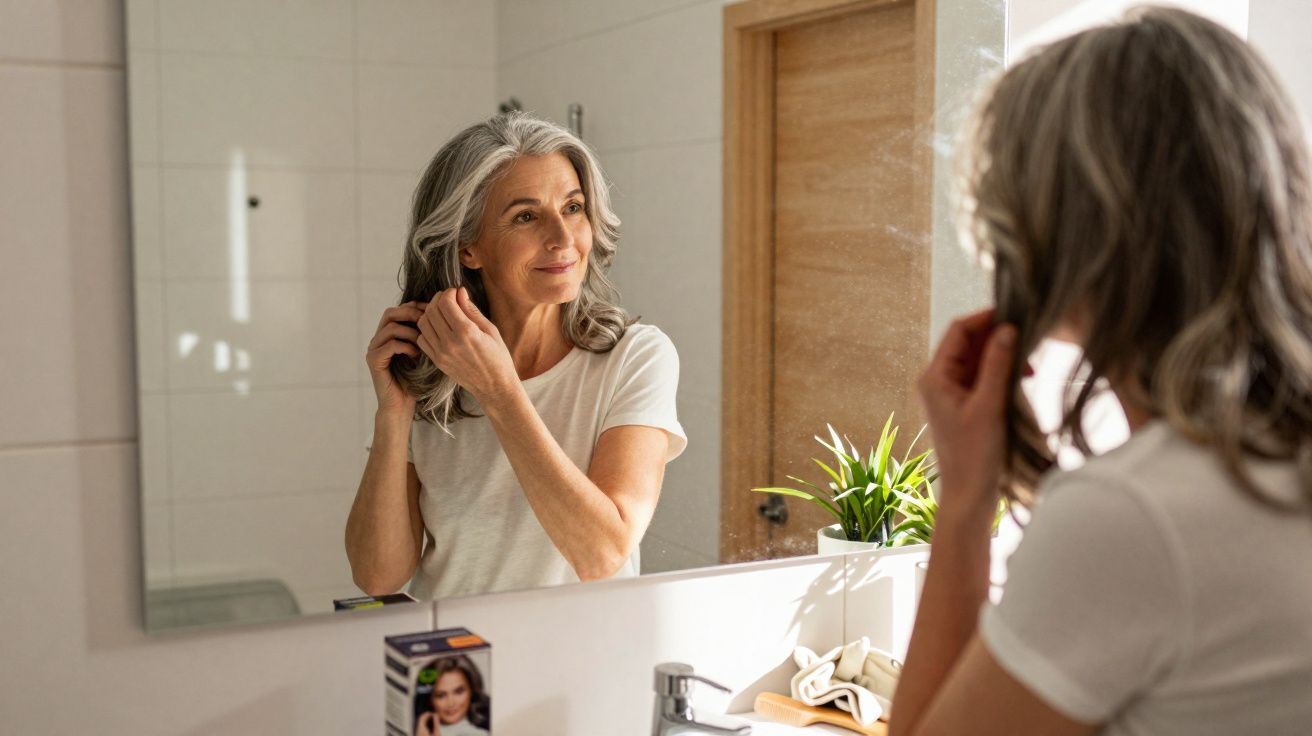 Mulher madura arrumando o cabelo com tomador de tinta em banheiro iluminado pela manhã.