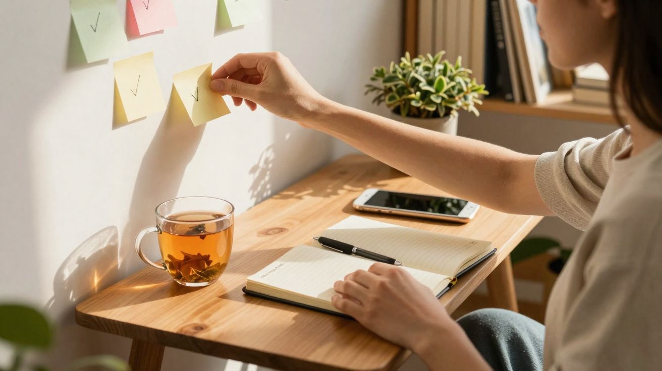 Pessoa sentada em mesa organizada, colando post-its na parede, com caderno aberto, celular e chá ao lado.