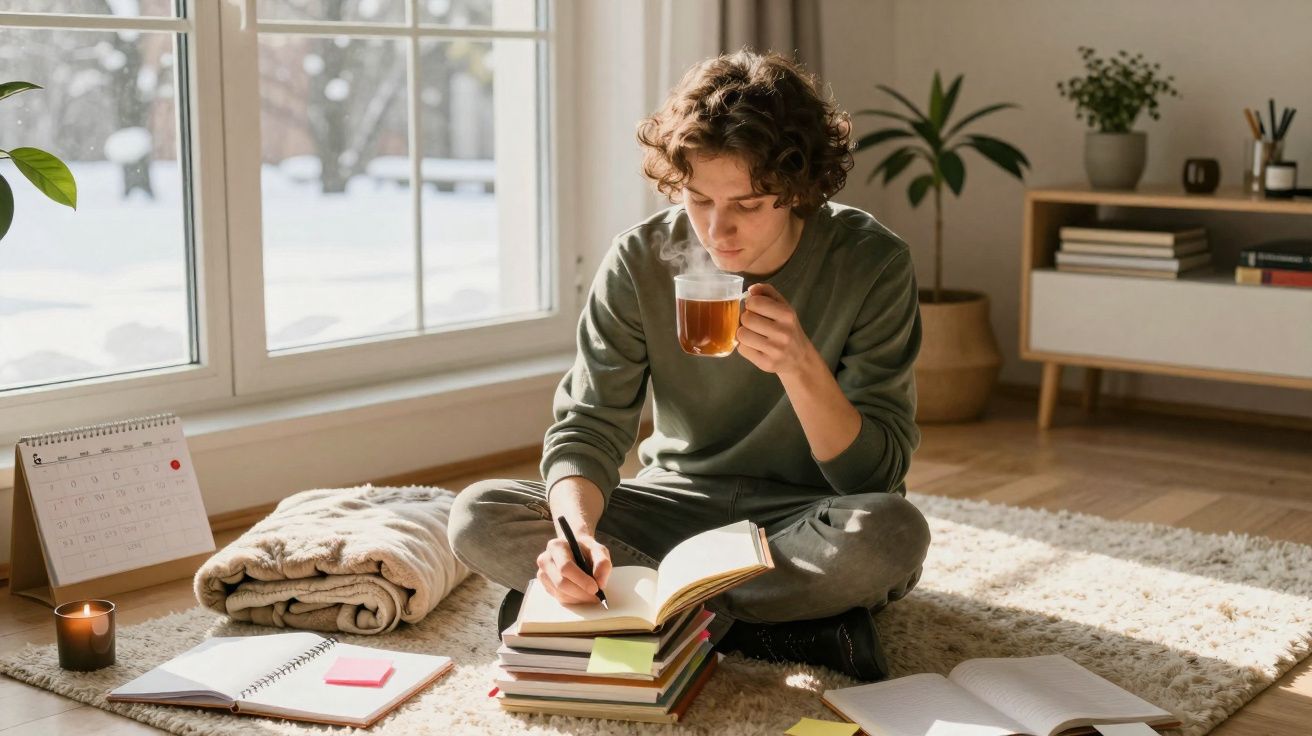 Jovem sentado no chão lendo e tomando chá perto da janela em ambiente iluminado e aconchegante.