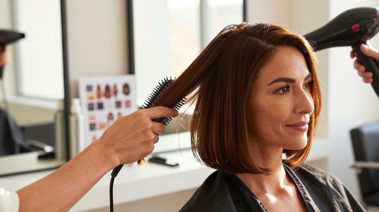 Mulher sorridente recebendo penteado com escova e secador em salão de beleza.