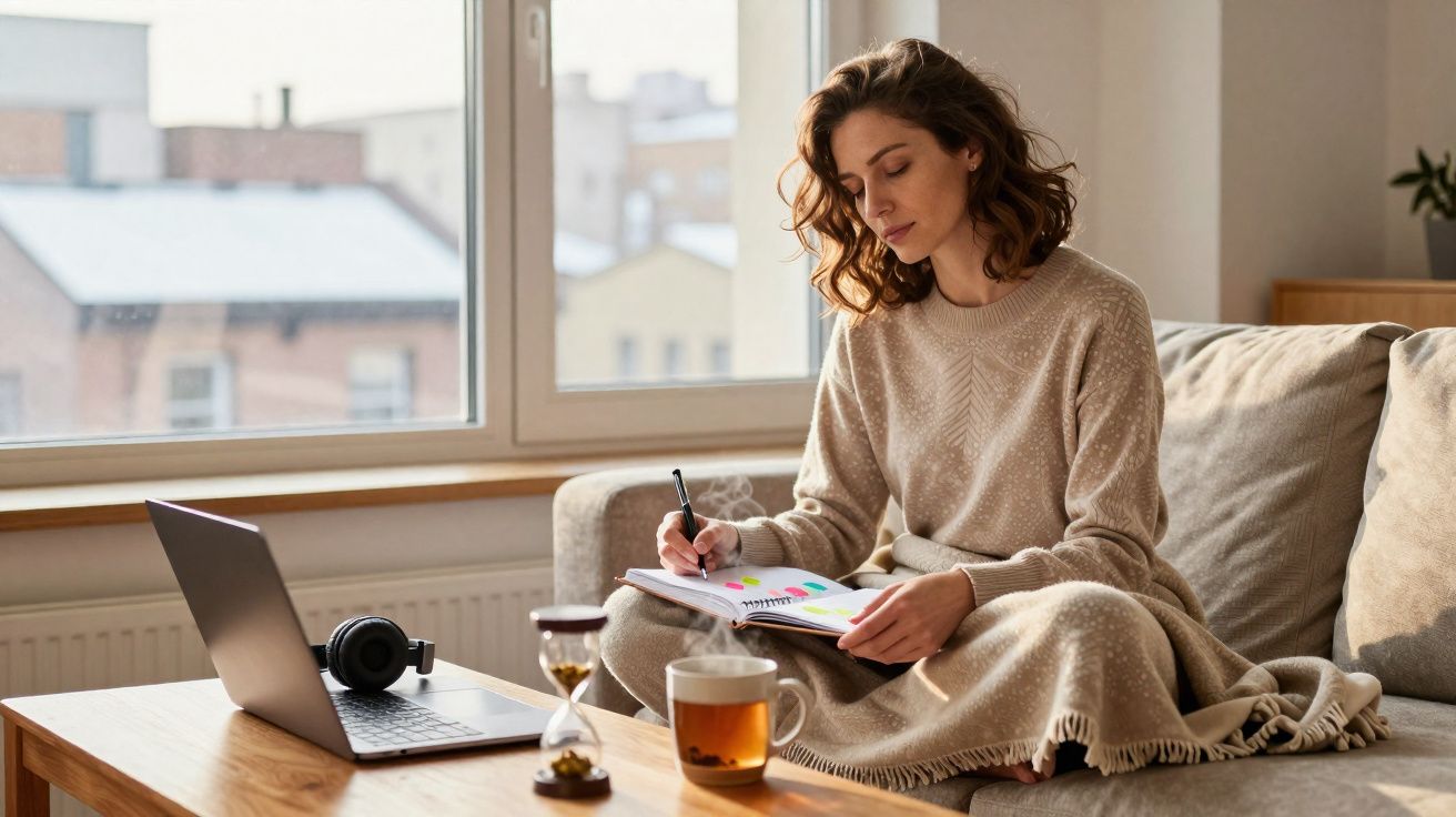 Mulher sentada no sofá escrevendo em caderno, com laptop, chá e ampulheta na mesa ao lado.