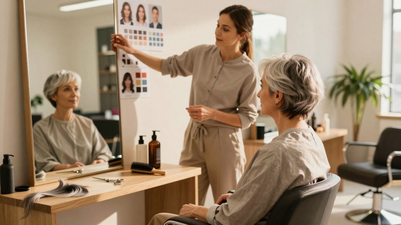 Cliente idosa sentada em cadeira de salão enquanto cabeleireira mostra opções de cortes de cabelo.