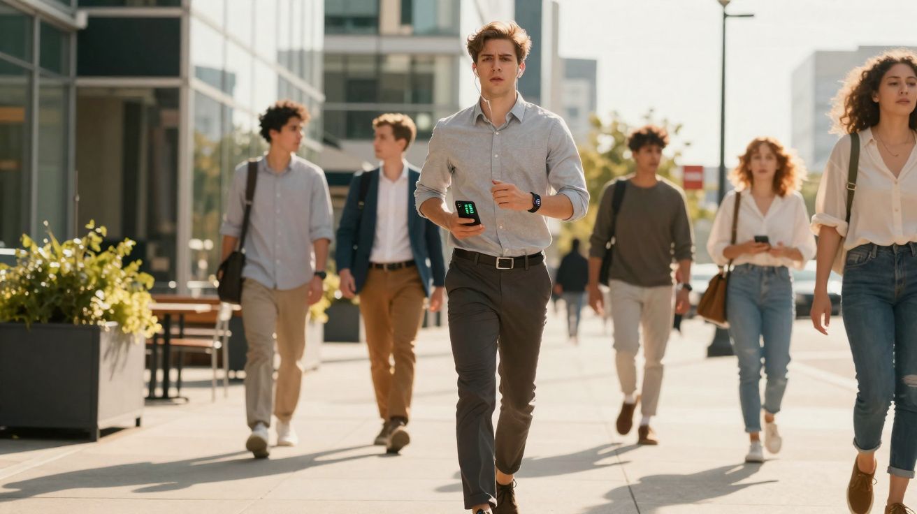 Jovens adultos caminhando em rua urbana, todos com roupas casuais e alguns usando fones de ouvido.