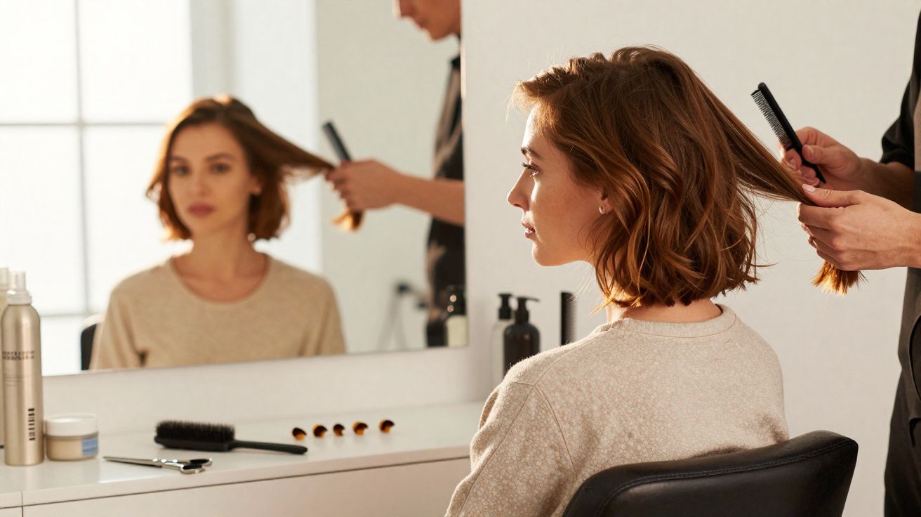 Mulher olhando no espelho enquanto profissional penteia seu cabelo em salão de beleza moderno.