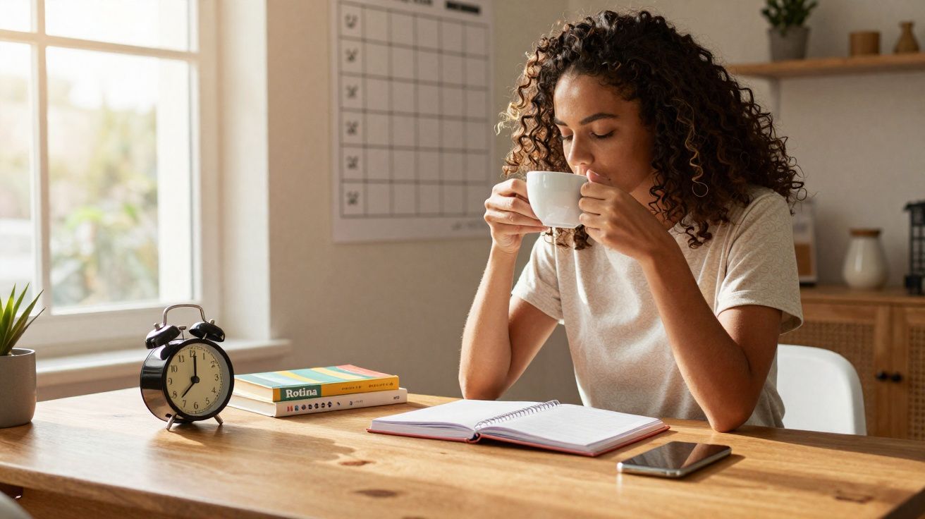 Mulher sentada à mesa tomando café, com caderno, celular, relógio e livros ao lado em ambiente iluminado.