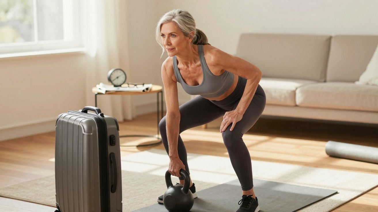Mulher madura fazendo exercício com kettlebell em tapete no chão da sala de estar iluminada.