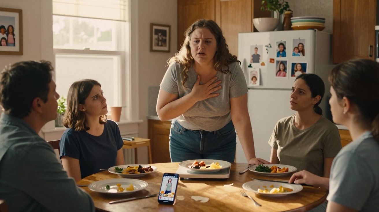 Pessoa no meio da cozinha com expressão de desconforto, cercada por quatro pessoas sentadas à mesa com comida.