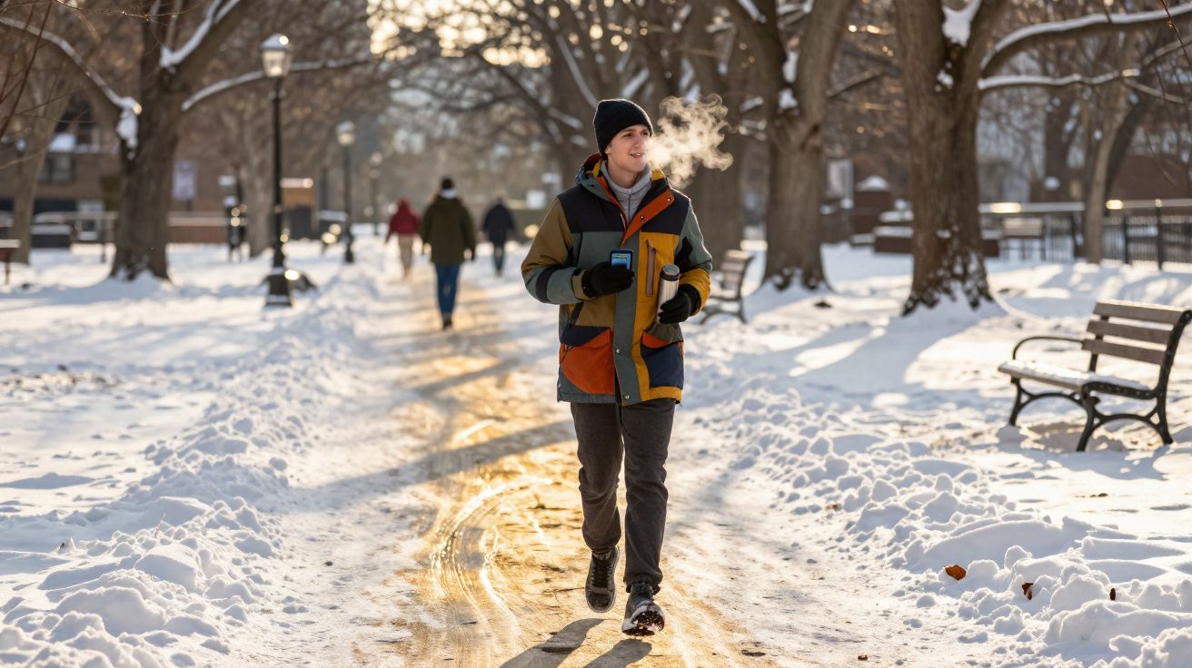 Pessoa caminhando em parque coberto de neve com vapor saindo da boca em dia frio e ensolarado.