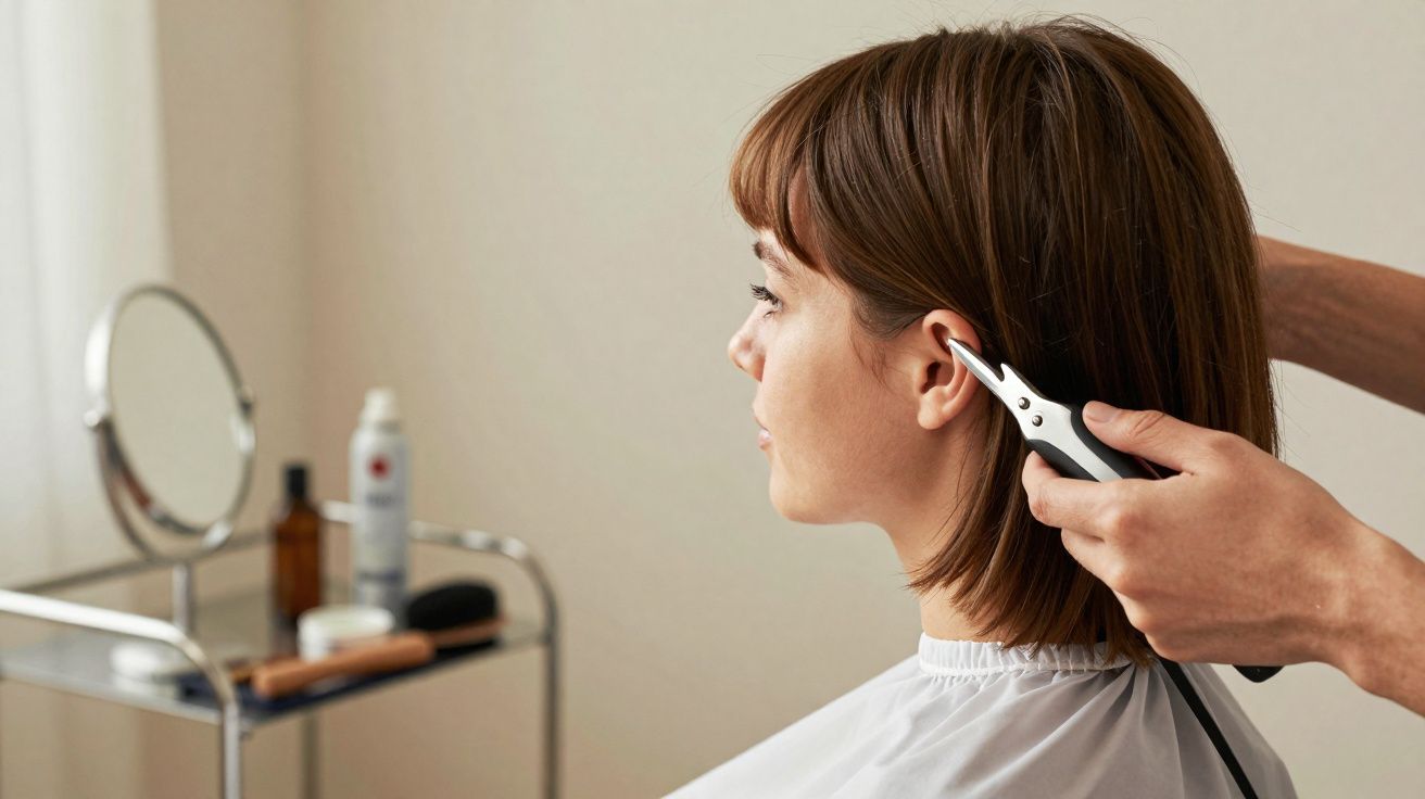 Pessoa recebendo corte de cabelo em salão com espelho e produtos ao fundo.