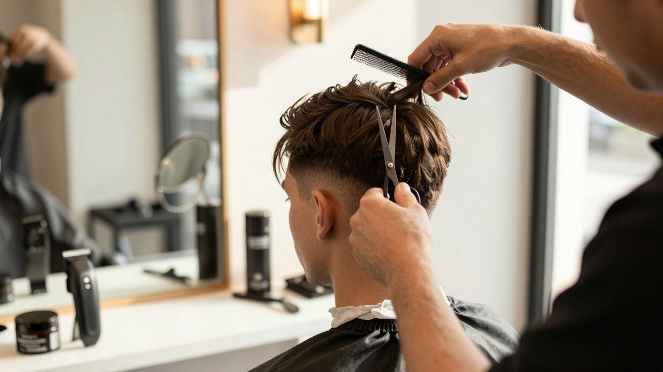 Pessoa cortando o cabelo de um homem jovem em salão moderno com tesoura e pente.
