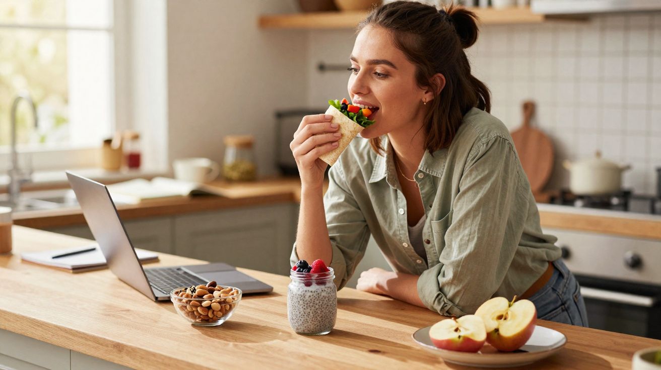 Mulher comendo sanduíche na cozinha, ao lado de laptop, frutas, nuts e iogurte com chia.