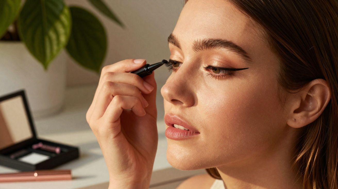 Mulher aplicando delineador preto nos olhos com maquiagem neutra ao fundo.