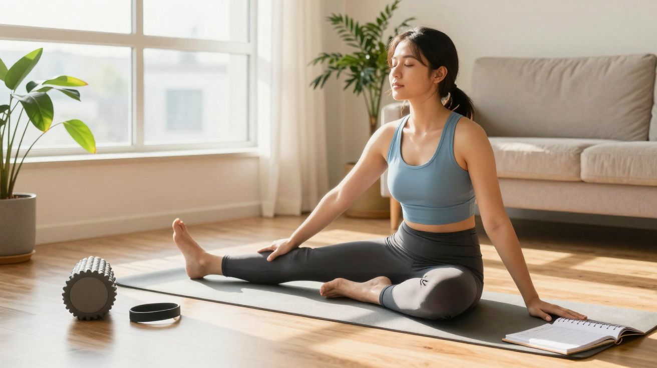 Mulher fazendo alongamento sentada no tapete de yoga em sala iluminada com plantas e sofá ao fundo.