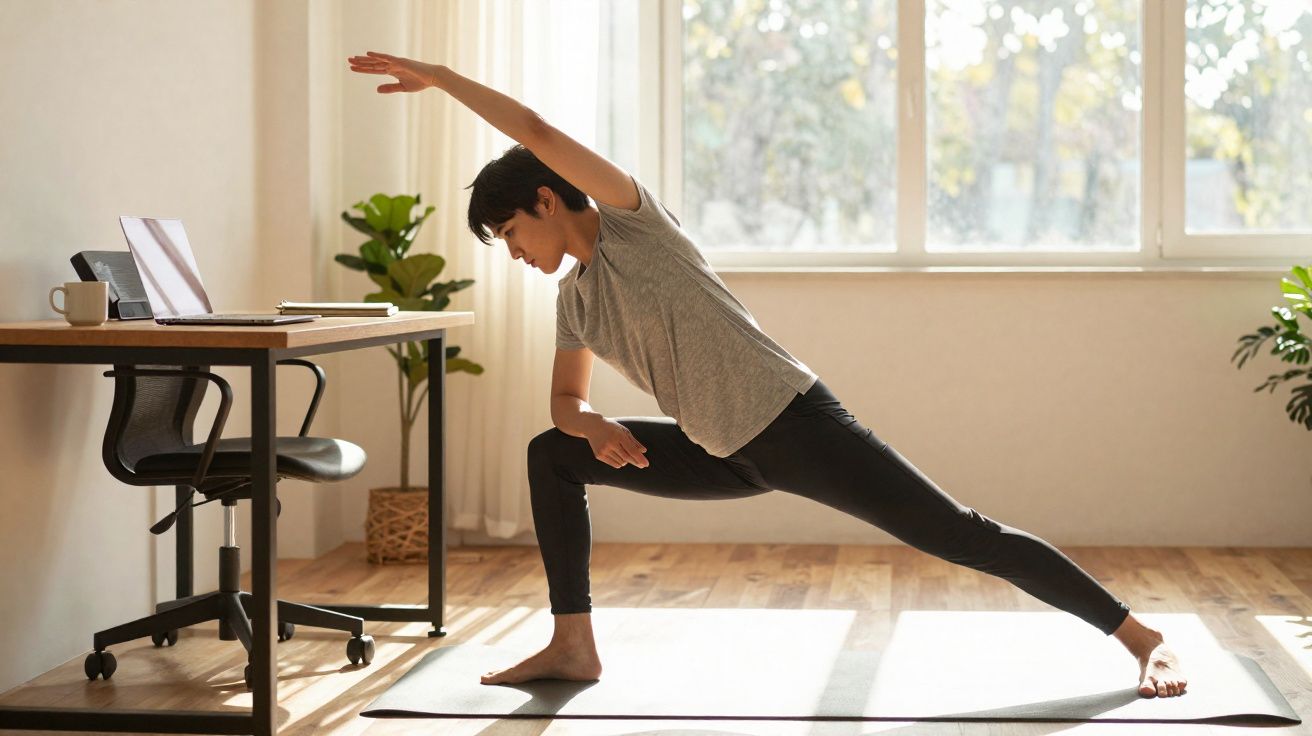 Pessoa fazendo alongamento com roupa confortável em tapete, ao lado de mesa com laptop em ambiente iluminado.