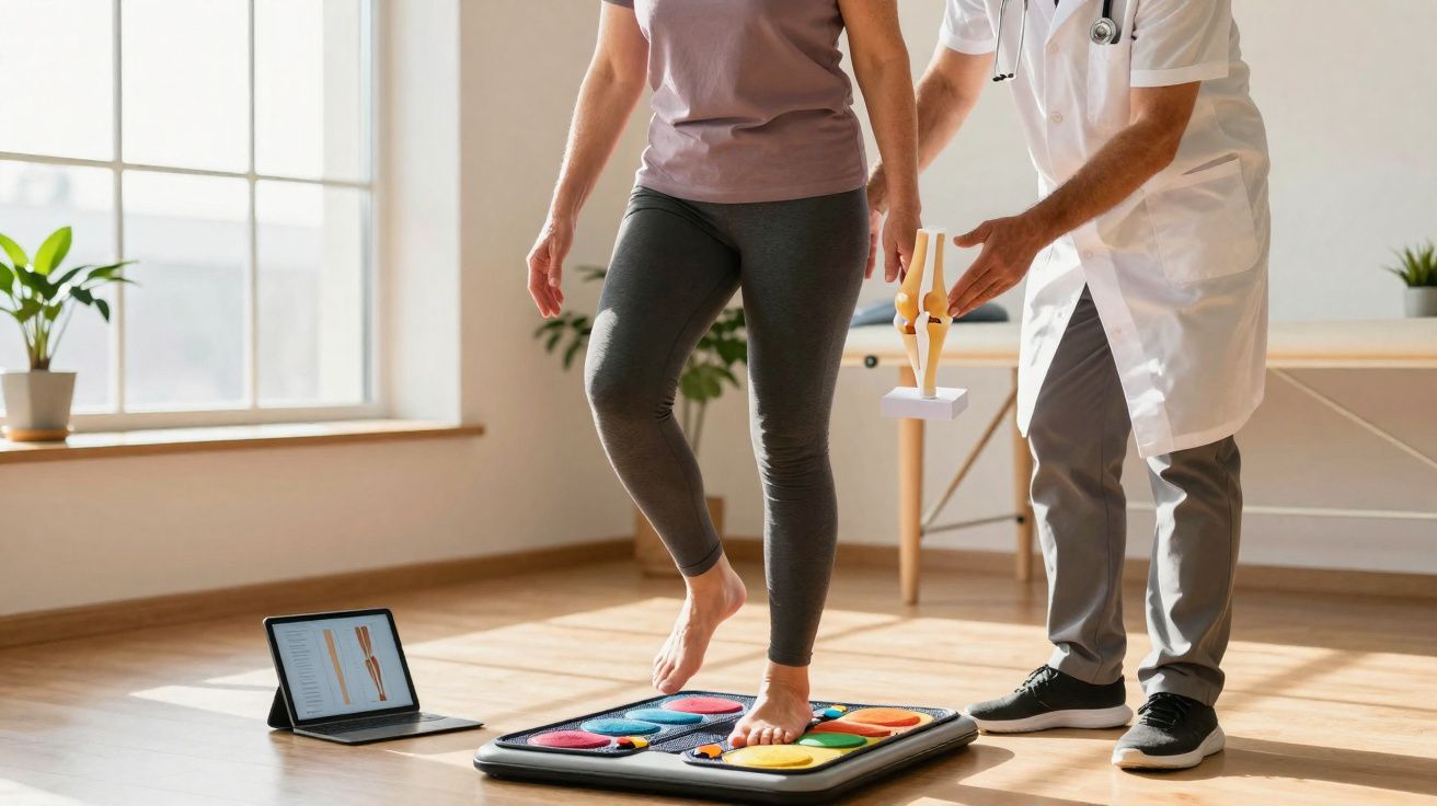 Paciente fazendo exercícios de reabilitação para joelho com orientação médica em ambiente iluminado.