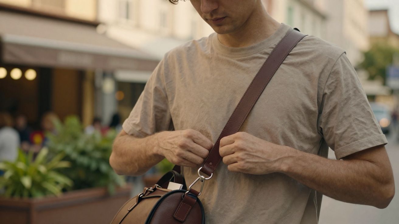 Homem vestindo camiseta bege ajusta alça de bolsa marrom em ambiente urbano ao ar livre.