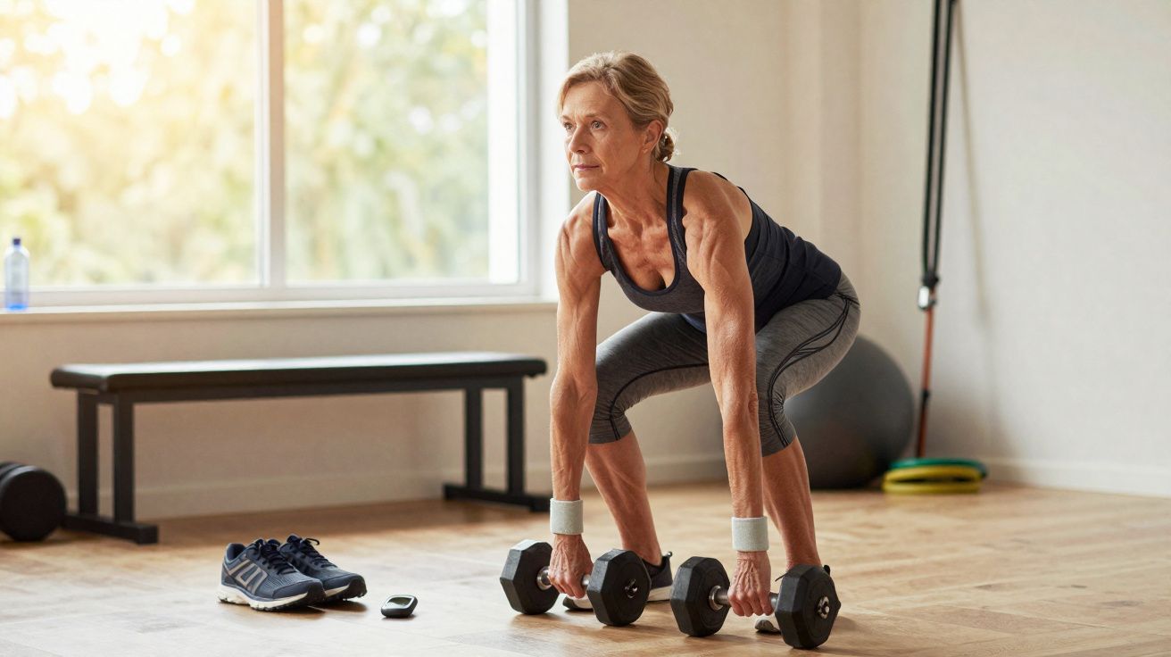 Mulher madura exercitando levantamento terra com halteres em academia iluminada pela luz do dia.