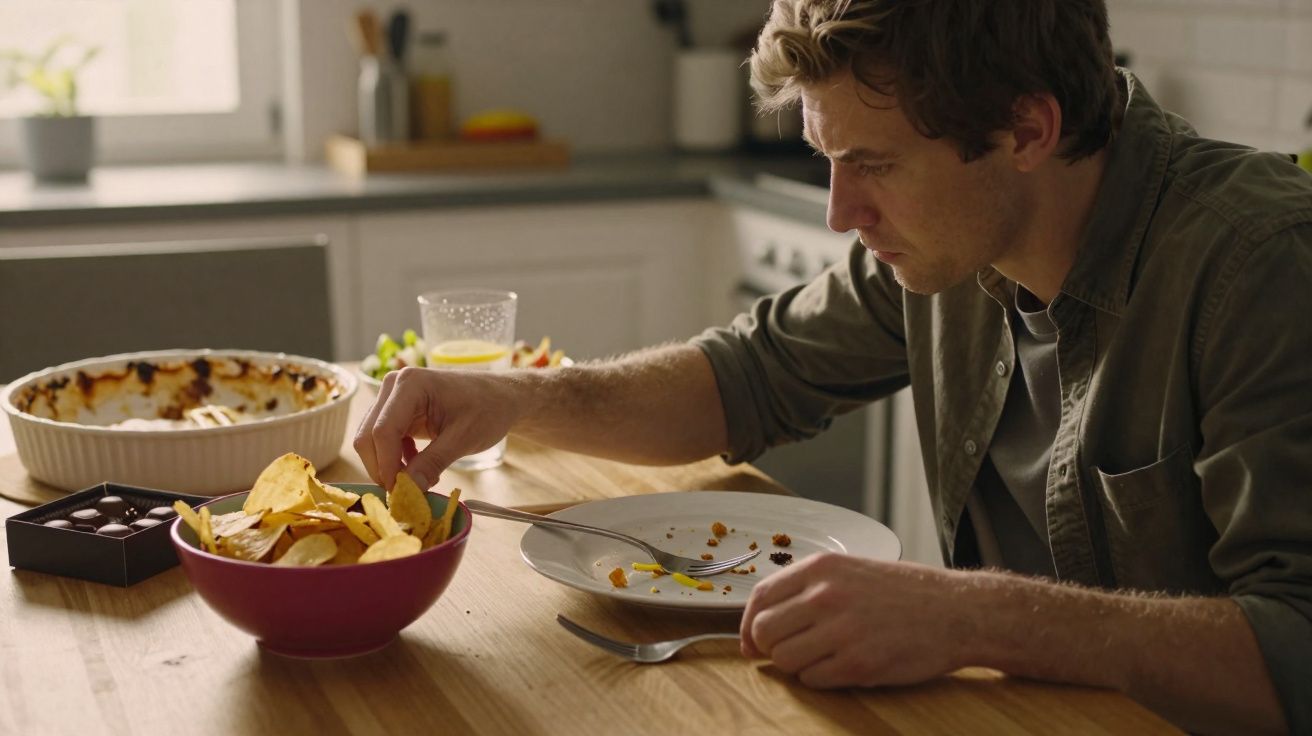 Homem sentado à mesa pegando batatas chips em uma cozinha iluminada pela manhã.