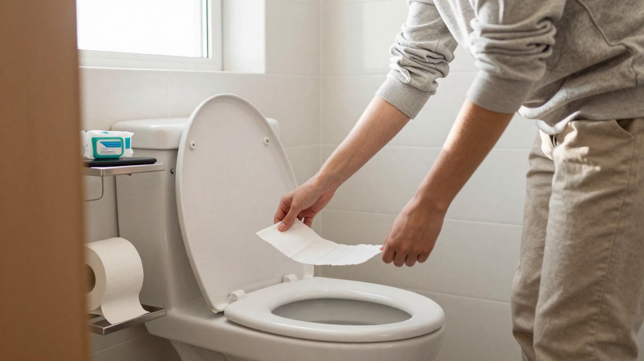 Pessoa vestindo moletom cinza e calça bege colocando papel higiênico na borda do vaso sanitário branco.