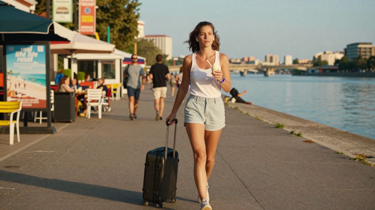 Mulher caminhando à beira do rio com mala e sorvete em dia ensolarado na cidade.