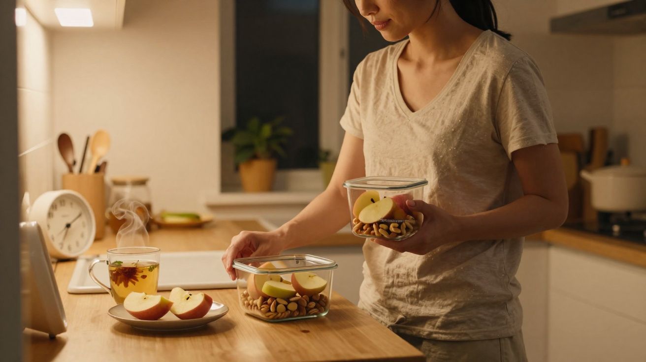 Mulher preparando maçãs e amêndoas em potes na cozinha iluminada, com xícara de chá quente na mesa.