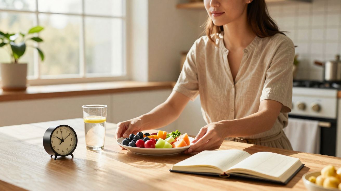 Mulher arrumando prato com frutas na mesa ao lado de um relógio, copo d'água e caderno aberto.