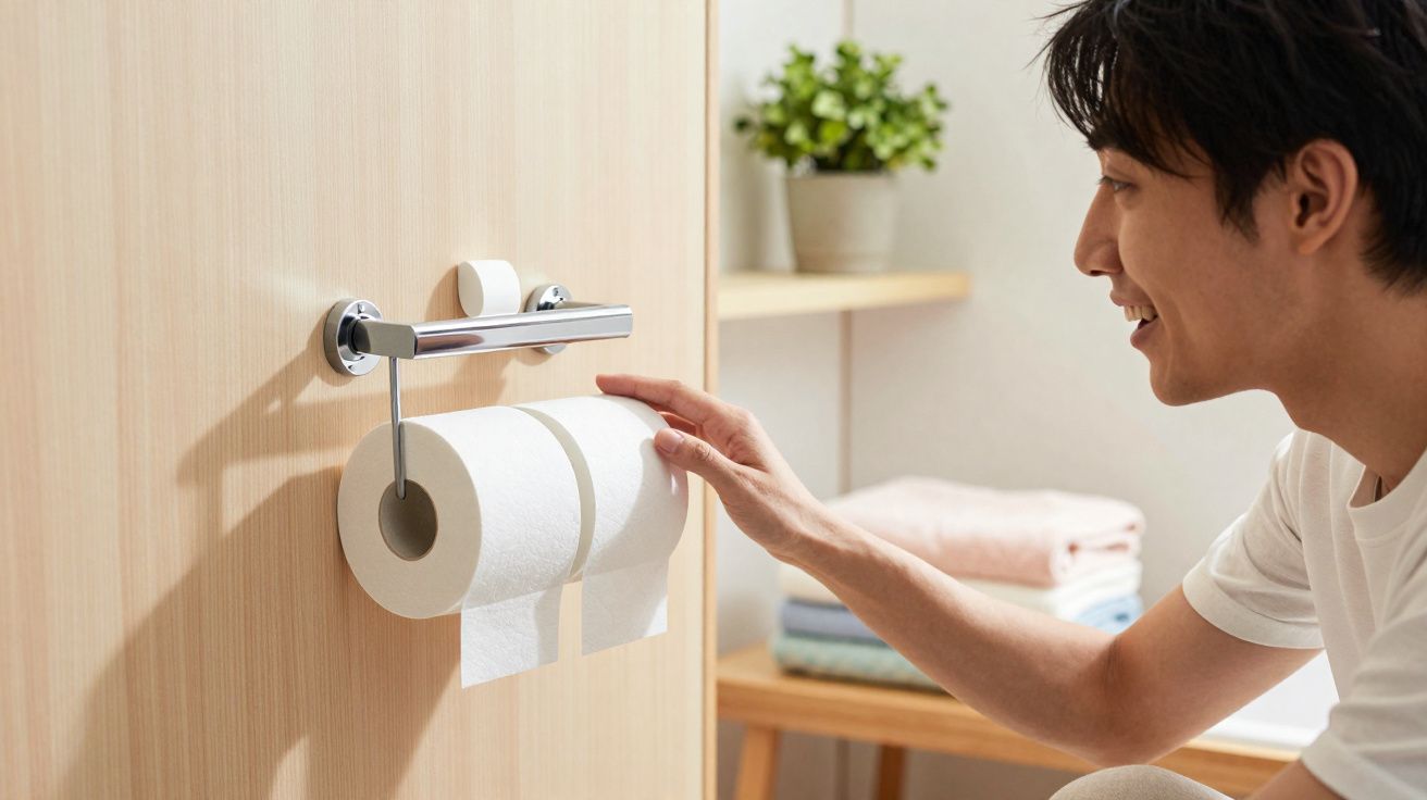 Homem alcança rolo duplo de papel higiênico em suporte fixado na porta de madeira clara.