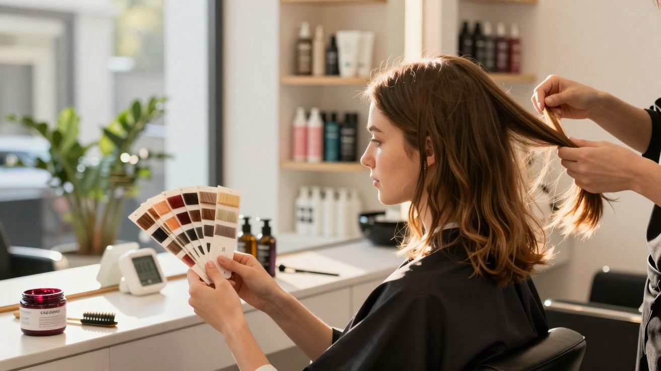 Mulher em salão de beleza escolhe cor de cabelo enquanto cabeleireiro segura seus fios.