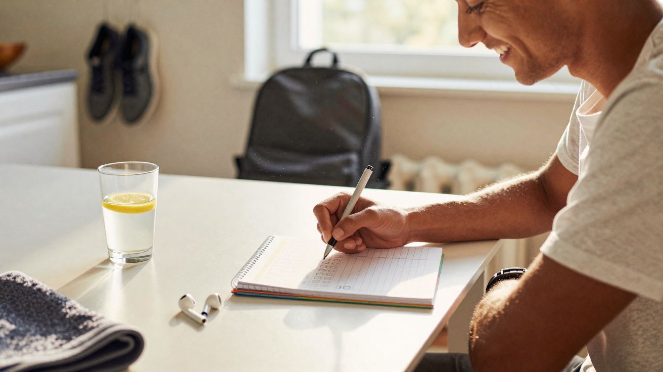 Pessoa sorridente escrevendo em caderno sobre mesa com copo de água, fones e toalha próxima, em ambiente iluminado.