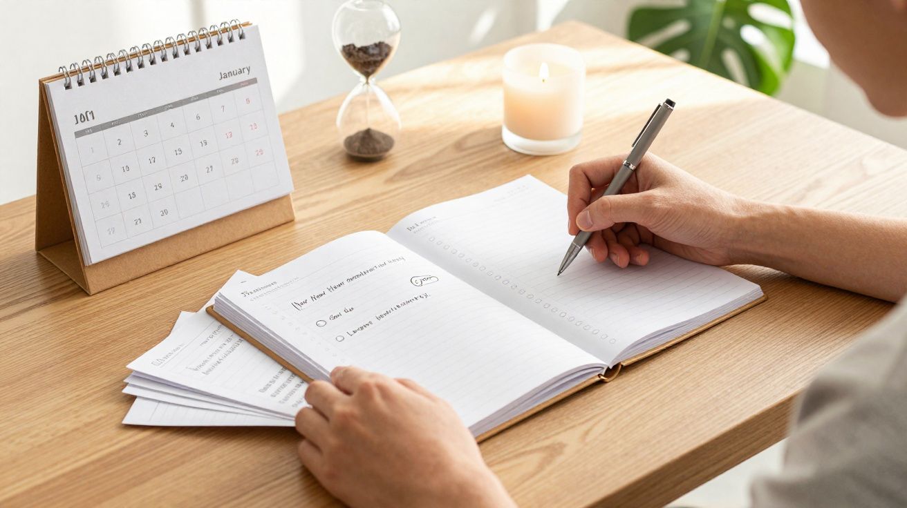 Pessoa escrevendo em caderno com calendário, ampulheta e vela sobre mesa de madeira clara.