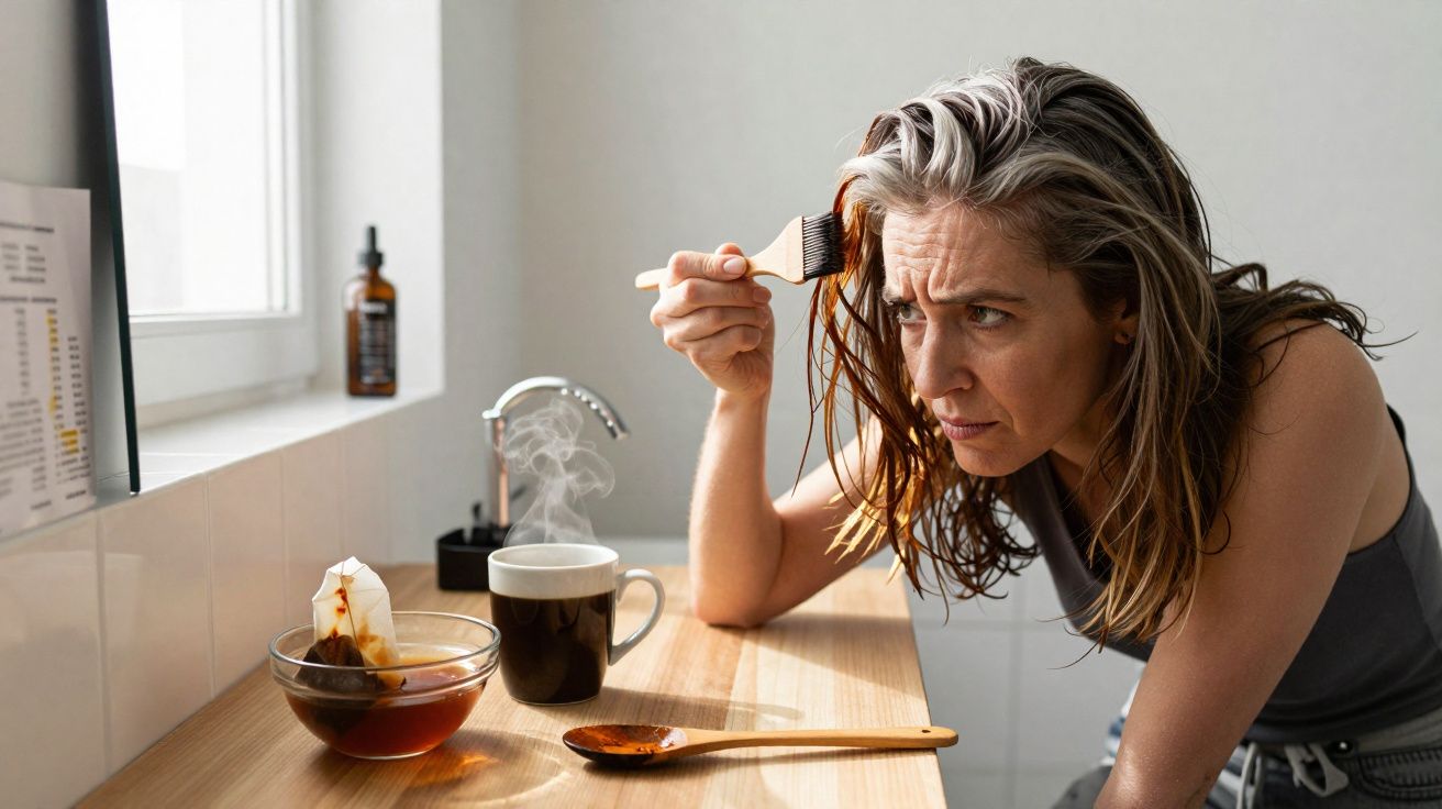 Mulher aplicando tinta no cabelo com pincel, em frente a uma bancada com chá e uma xícara de café.