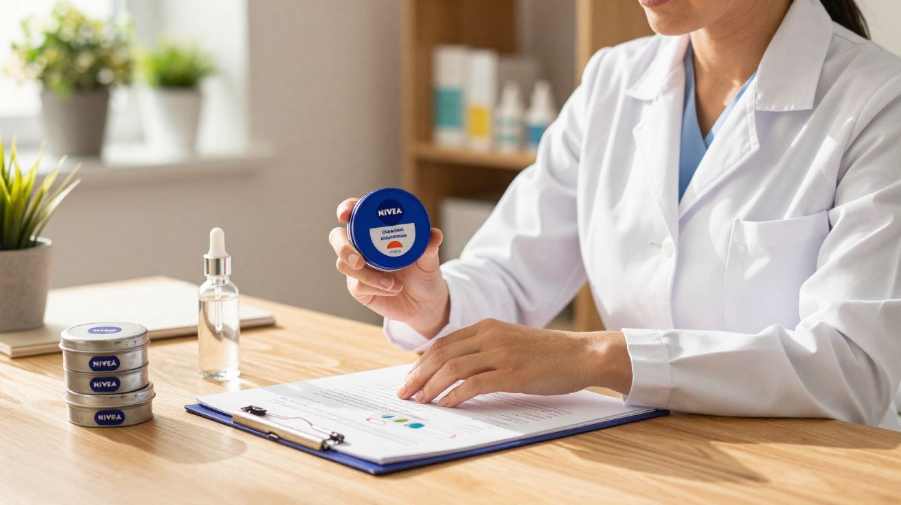 Profissional de saúde segurando creme Nivea azul durante consulta, com produtos sobre mesa de madeira clara.