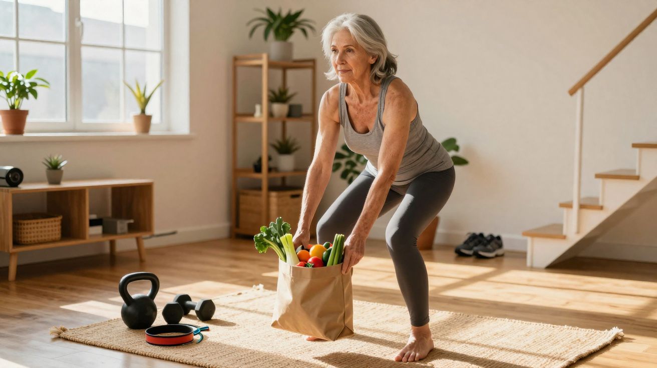Mulher idosa faz exercício doméstico ao levantar sacola com legumes em sala de estar iluminada.