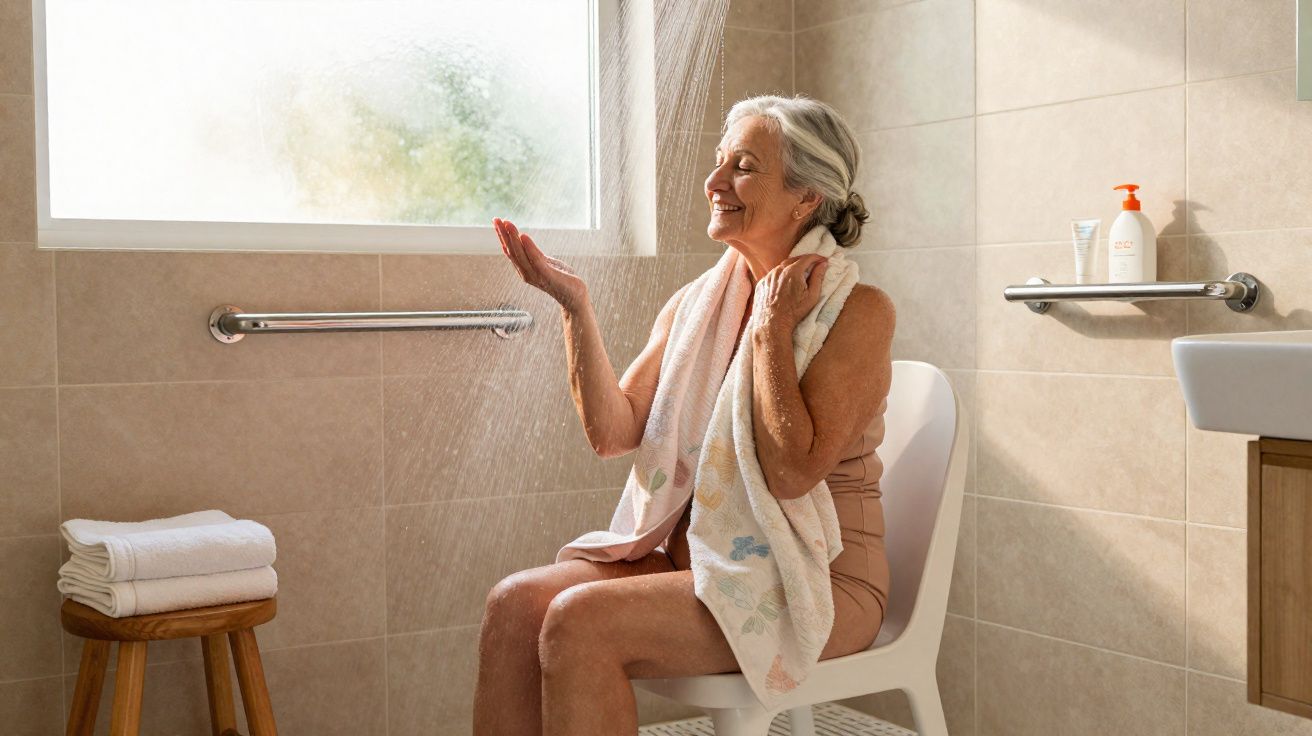 Mulher idosa sorrindo sentada em cadeira no banheiro tomando banho com toalha no ombro.
