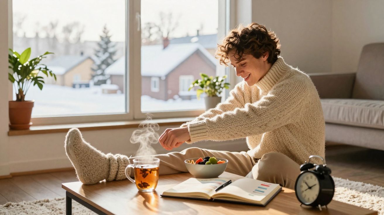 Jovem sorrindo sentado no chão junto à mesa com chá quente, frutas e planner em ambiente aconchegante.