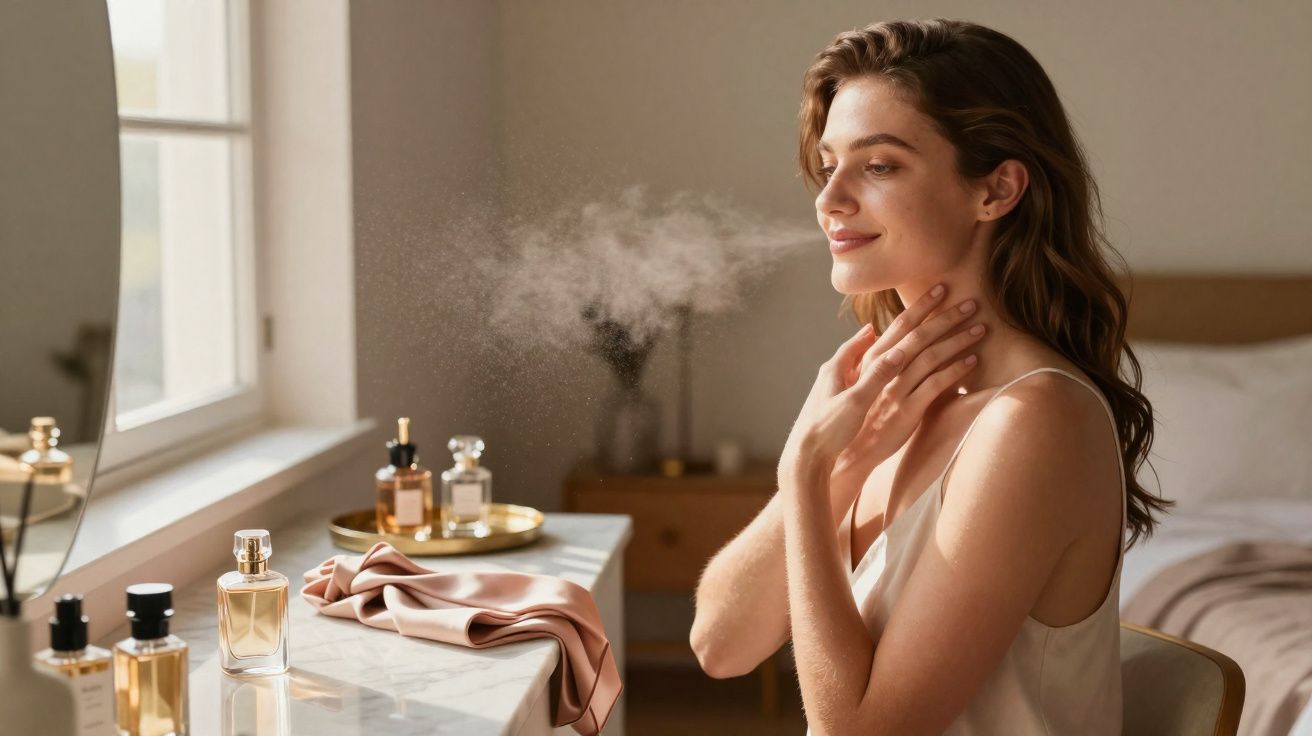 Mulher aplicando perfume no pescoço sentada em frente a penteadeira com frascos de perfume.