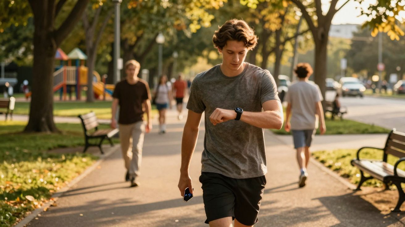 Jovem caminhando em parque olhando relógio enquanto outras pessoas passam ao fundo no fim de tarde.