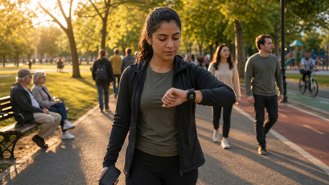Mulher olhando relógio de pulso enquanto caminha em parque ao pôr do sol, com outras pessoas ao fundo.