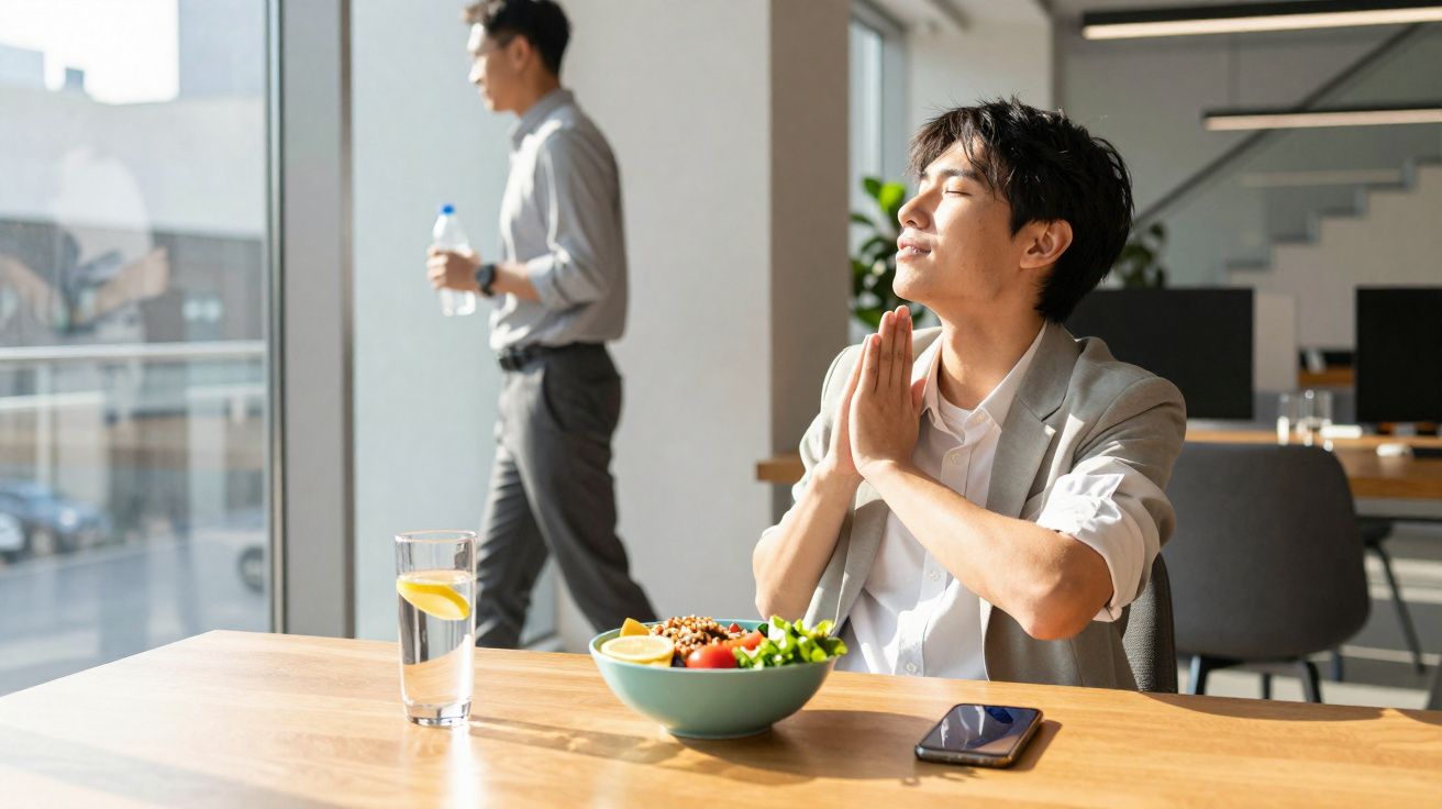 Jovem sentado à mesa em escritório, olhos fechados, mãos juntas e almoço saudável à sua frente.