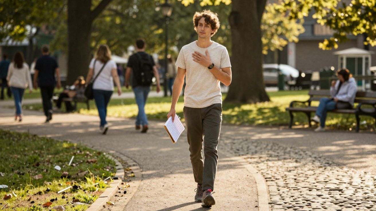 Homem jovem caminhando em parque com folhas de papel na mão em dia ensolarado.