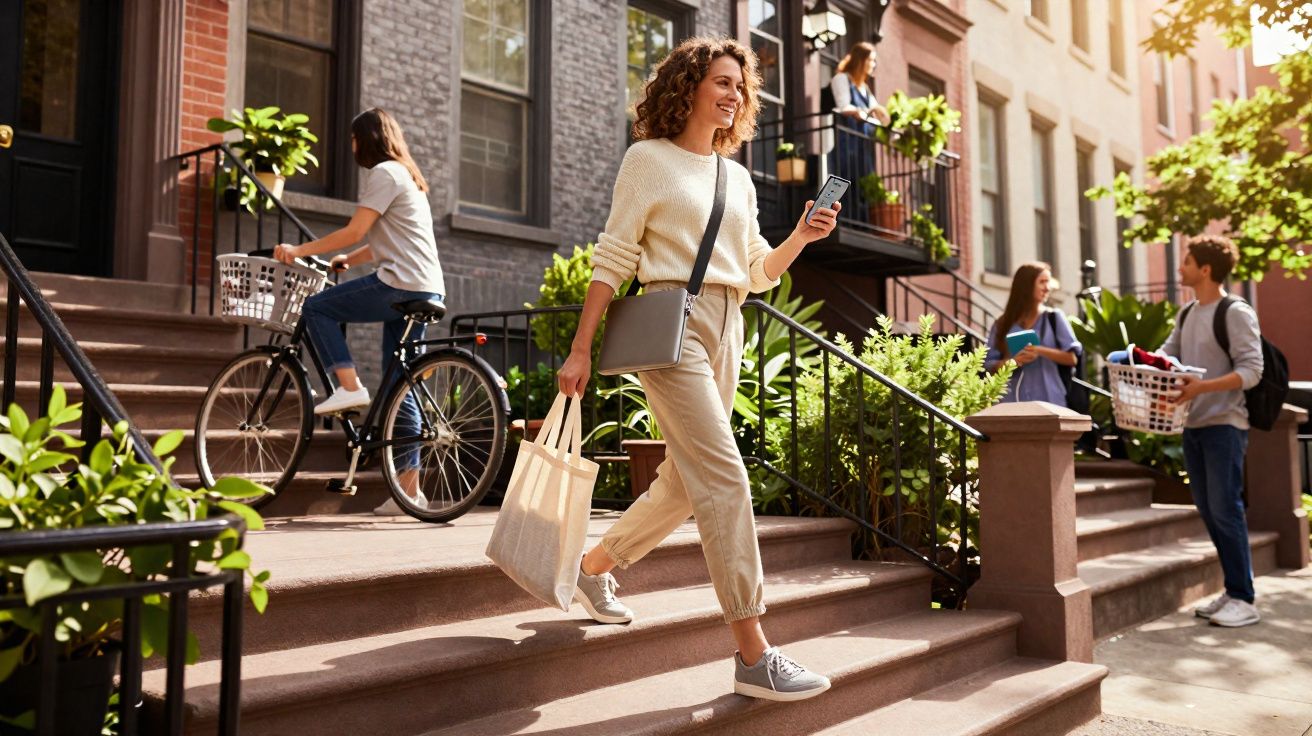 Mulher sorridente descendo escada com sacola e celular, pessoas ao fundo em área residencial ensolarada.